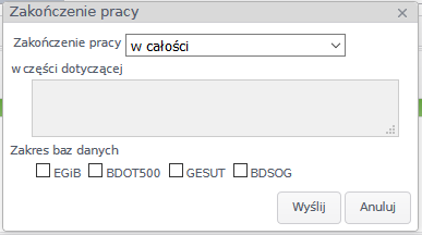 Widok okna wyboru formy zakończenia pracy