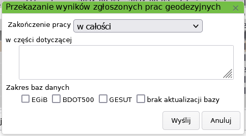 Widok okna zakończenia pracy